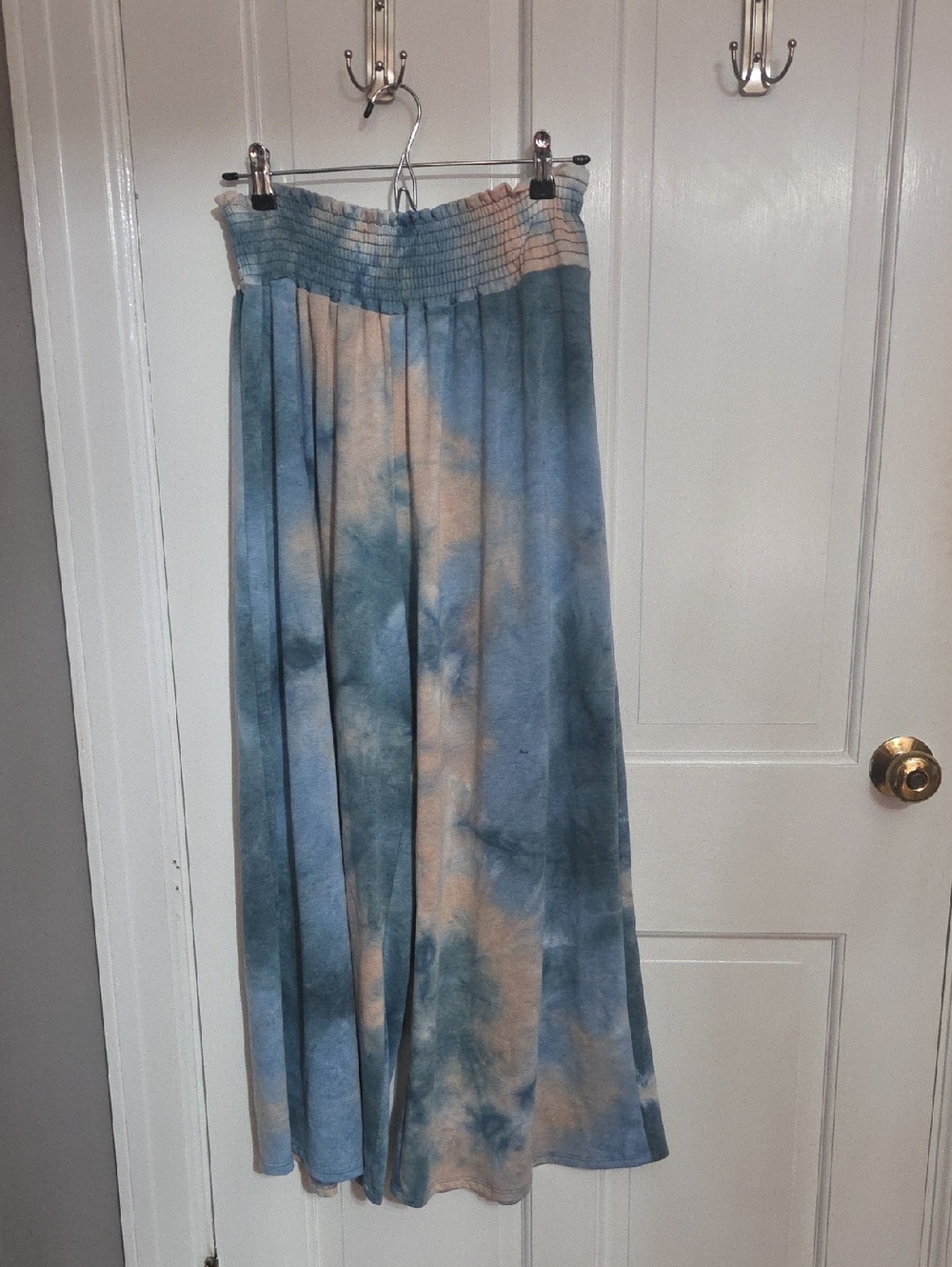 Smocked Waist Tie-Dye Wide Leg Pants in Blue, Peach and Cream